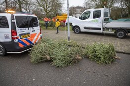 Agenten helpen kinderen met inzamelen kerstbomen