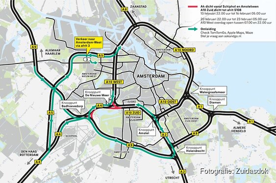 13-16 en 20-23 februari: A4 richting A10 Zuid tot afrit S108 (grotendeels) afgesloten